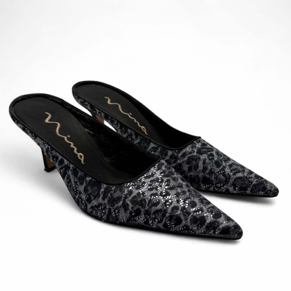 leopard print kitten heels sequin detail brand Nina black & gray heel mules